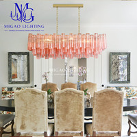 Lustre linéaire double niveau en verre côtelé rose, style médiéval français, luxe léger, pour villa, salle à manger, îlot de cuisine