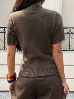 Pull tricoté côtelé à manches courtes et col montant pour femme, coupe ajustée, couleur unie, respirant, style décontracté printemps-automne