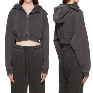 Sudadera con capucha corta de cuello alto y cremallera completa para mujer, de felpa de algodón grueso de 510 g/m², gris descolorido, personalizada - Product Image 6