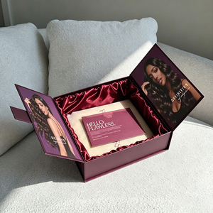 Boîte d'emballage magnétique à double ouverture en carton pour perruque en cheveux naturels avec insert en tissu de soie de luxe violet sur mesure - Product Image 2