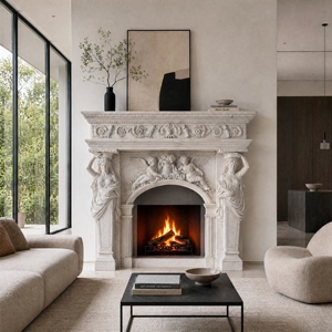 Cheminée en marbre personnalisée, moderne, sculptée à la main, de luxe, en marbre blanc du Hunan, avec manteau de cheminée en marbre - Product Image 1