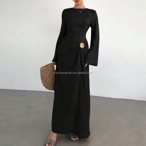 Abito Lungo Elegante Personalizzato <span class=keywords><strong>da</strong></span> Donna con Maniche Lunghe, Vita Attorcigliata e Dettagli Arricciati, Vestito <span class=keywords><strong>da</strong></span> Sera Modesto per Ospiti di Matrimonio e Feste - Product Image 3