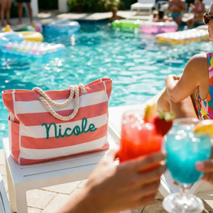 Bolsa de lona a rayas personalizada Uionen con bordado de nombre, bolsa de compras de primavera para mujer, con dos asas y parte superior abierta - Product Image 5