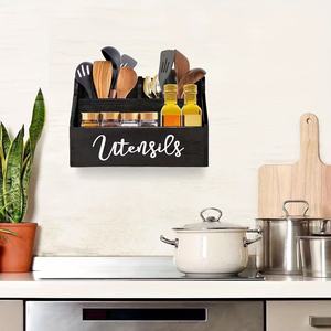 Organisateur d'ustensiles de cuisine en bois massif noir, large et profond, pour couverts et cuillères, rangement pour comptoir, armoire et tiroir - Product Image 4