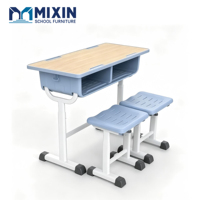 Meubles de classe en métal, bureaux doubles et chaises d'école, plateau en bois, boîte à livres, deux tabourets, pieds réglables pour les centres de formation