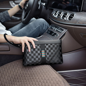 <span class=keywords><strong>Elegante</strong></span> Bolso de Negocios para <span class=keywords><strong>Hombre</strong></span> en Gris a Cuadros, con Adorno de León Metálico, Múltiples Ranuras para Tarjetas y Cierre de Cremallera - Product Image 3