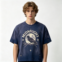 T-shirt bleu délavé à l'acide, style vintage, effet salissé, streetwear, avec motif MIDNNIGHT, pour hommes et unisexe, lot en gros