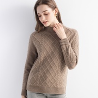 Pull en cachemire pur pour femme, col montant, motif losanges, manches longues, tricoté, chaud, avec ourlet côtelé