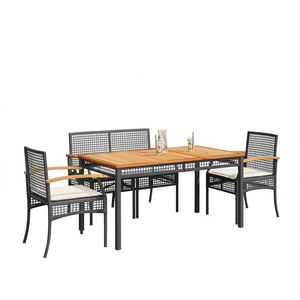 Ensemble de salle à manger de jardin en rotin noir 4 places avec plateau en teck, mobilier d'extérieur résistant aux intempéries, design contemporain - Product Image 1