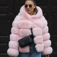 Manteau en fourrure naturelle de renard véritable pour femme, chaud et doux, style hiver, modèle Strawberry Bread Block