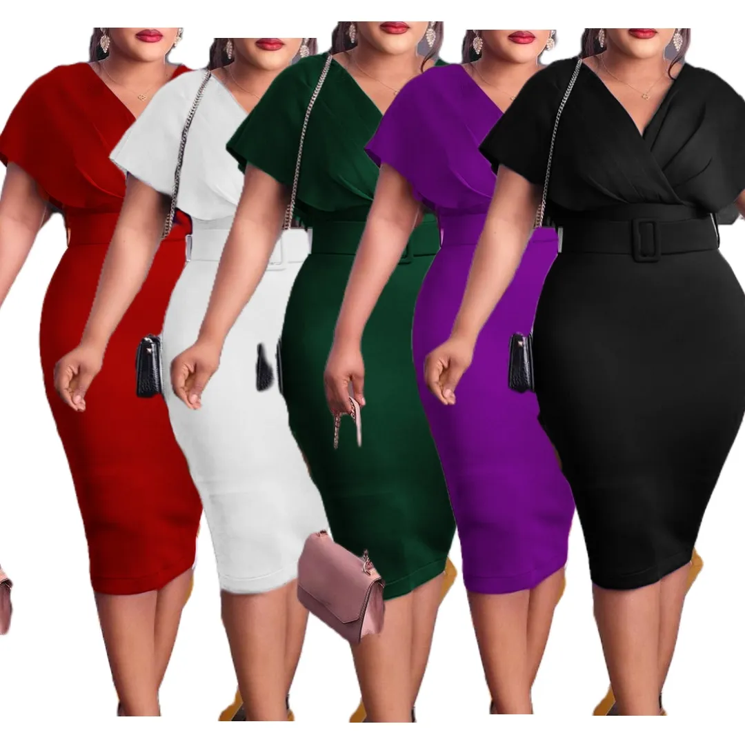 Plus Size Skinny Short Sleeves Hip Vestidos Women Black Robes Elegant Work Wear Office Ladies Bodycon Pencil Career Dresses