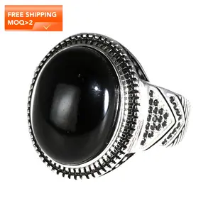 Real Pure 925 Silver Rings Cool Antique Turkey Ring For Men With Natural Stone Oval Black Onyx Turkish Jewellery Anelli Uomo