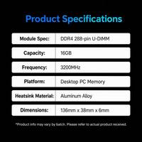 16GB DDR4 3200MHz Desktop RAM U-DIMM 1.2V CL22 High Speed PC Memory Stick with Heatsink for Gaming & Office PC Upgrade