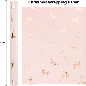 Papier cadeau de Noël rose or avec motif renne, 17 po x 32,8 pi, écologique, revêtement simple face - Product Image 5