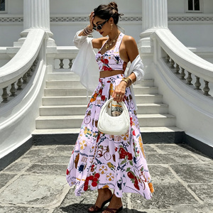 Ensemble jupe midi et crop top dos nu bohème pour femme, imprimé floral, coupe classique, robe décontractée d'été en coton tissé respirant avec fente - Product Image 3