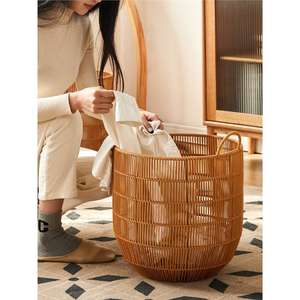 Panier à linge rond en faux rotin style Ins, avec cadre en fer, imperméable, pour organiser les vêtements dans la salle de bain ou la chambre. - Product Image 3
