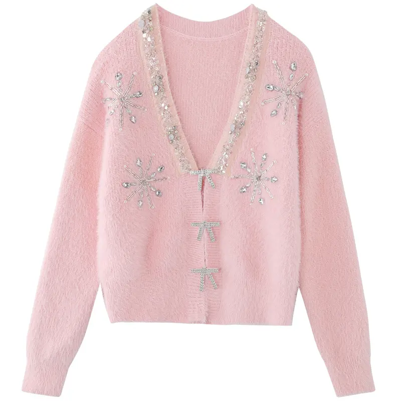 Custom Sweater Manufacturer V Neck Long Sleeve Stone Beading Winter Design Cardigan Mink Knit Sweater Woman