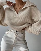 Pull chaud pour femme, personnalisé, nouvelle collection automne-hiver, beige, col en V, 100% polyester, côtelé, grande taille, ample, manches longues