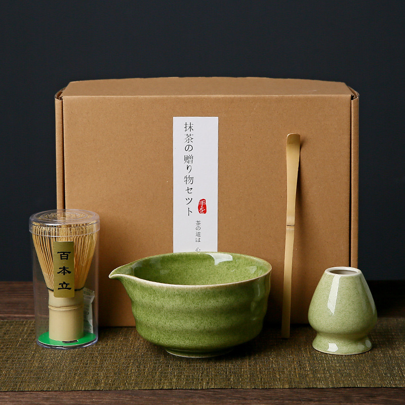 Bol à matcha vert foncé, ensemble de 4 pièces (exian) + boîte