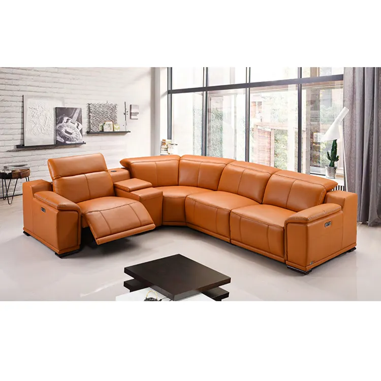 Smart Home Echt Lederen Bekleding Elektrische L-Vorm Hoek Fauteuil Lederen Sofa Set Meubels Woonkamer Met Console Tafel