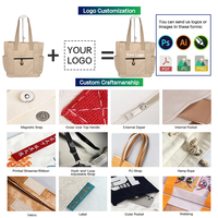 Sac fourre-tout pratique en toile beige avec logo personnalisé et plusieurs poches, grand sac à main spacieux pour le travail, l'école et les voyages avec poche zippée