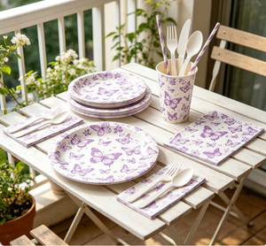 Vaisselle <span class=keywords><strong>de</strong></span> fête jetable épaisse à imprimé papillon et motif floral violet vintage français - Product Image 3