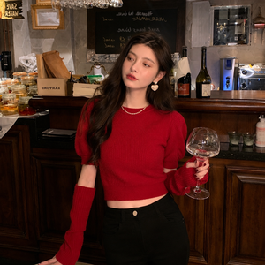 Viral Influencer Favorite New Arrival Y2K Style Wine <b>Red</b> Round Neck Puff Sleeve <b>Cropped</b> Knit <b>Top</b> with Arm Cuffs for Date Night - Product Image 5