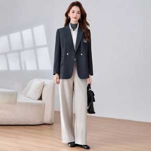 Women's Khaki Blazer Solid Color Polyester Anti-Wrinkle Casual Workwear - Product Image 2