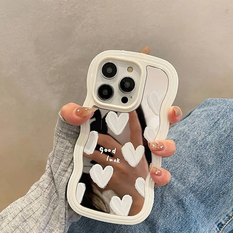 Korean Lovely White Heart Makeup Mirror Case For iPhone 14 Pro Max 13 11 12 14 Plus XS X XR Shockproof Soft Cover