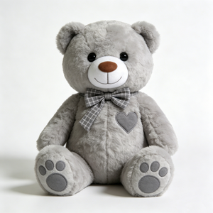 Ours en peluche gris doux personnalisé, ours en peluche gris moelleux assis avec nœud papillon à carreaux gris et cœur brodé sur la poitrine - Product Image 1
