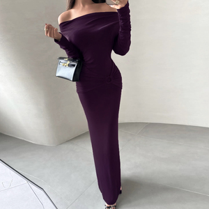 Vestido Maxi Elegante Estilo Europeo Americano, Diseño de Hombros Descubiertos, Cintura Ajustada, Corte Entallado, Color Sólido, Minimalista y Favorecedor - Product Image 4