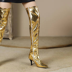 Bottes de cuisse à talons aiguilles sexy pour femmes 2025 automne hiver chaussures à bout pointu grande taille 48 argent or bottes au-dessus du genou - Product Image 3