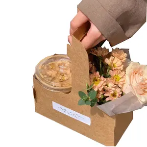 2 In 1 Coffee And Flower Boxes Package Kraft Paper Take Away Food Packaging For Bread And Croissant