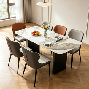 Ensemble de table à manger rectangulaire moderne en marbre avec 6 chaises en cuir PU, design minimaliste, meubles pour la maison - Product Image 1
