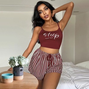 Setelan piyama Suspender wanita, celana pendek termal dengan garis huruf yang bisa dipakai di luar ruangan - Product Image 4