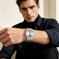 Montres pour hommes PINTIME avec lunette octogonale, cadran argenté effet soleil, double date, mouvement à quartz, bracelet en alliage, vente en gros OEM