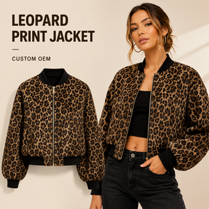Leopard Print <b>Jacket</b> <b>Women</b> Custom OEM Cropped Bomber Coat <b>Zip</b> <b>Up</b> Animal Print Streetwear Outerwear Supplier - Product Image 1