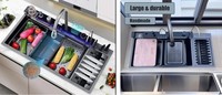 Évier de cuisine intelligent en acier inoxydable SUS304 noir nano, cuve simple, avec robinet extractible, égouttoir, fabrication OEM, design moderne