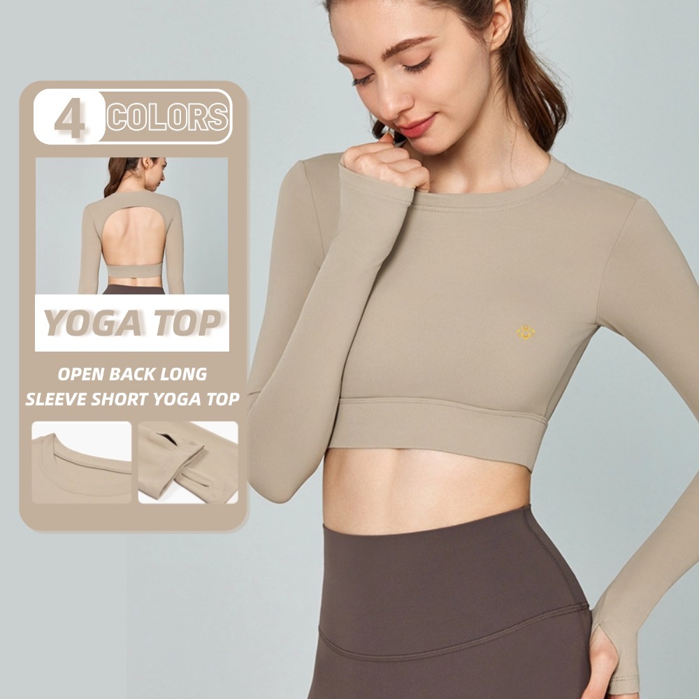 Sexy Open Back Woman Fitness Gym Sports Top Slim Fit Cropped T Shirt Women Active Yoga Wear Long Sleeve Crop Top