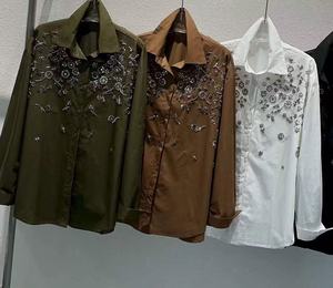 Blus Katun Bordir Payet Merek Mewah Kelas Atas Kemeja Wanita Musim Semi Musim Panas Musim Gugur Atasan Lengan Panjang Blus Wanita - Product Image 6