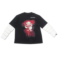 Kaos Premium Rose Graphic Layered Pria Hitam & Putih Dua Warna Model Longgar Lengan Panjang Kasual dengan Cetakan Artistik