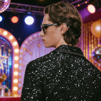 Costume homme à sequins noirs, simple boutonnage, 100% polyester, veste de blazer scintillante à sequins, un bouton, smoking pour soirée et dîner