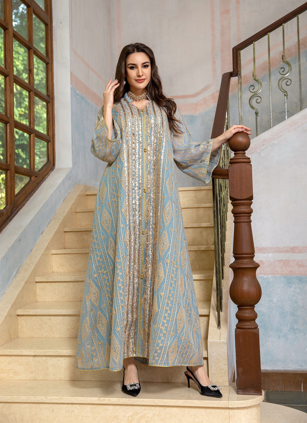 ladies evening maxi dress LaDivine CD788 Full Length 3612 V Neck Long Sleeve Color:Navy-Blue