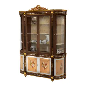 OEM European Oak Wooden Curio Round Sideboard Luxus Brown Wine Showcase Closet Display Colorful Painting Cabinet For Dining Room
