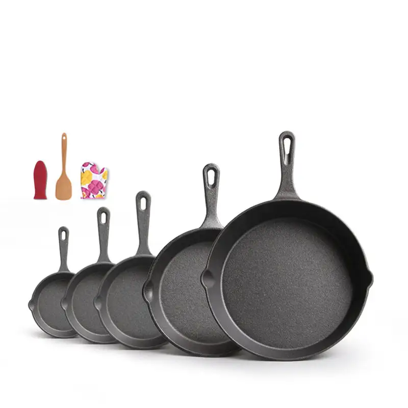 2023 Fabrikant Groothandel Oem Bbq Custom Gietijzeren Ronde Platte Non-Stick Camping Frituren Ventilator Koekenpan/Koekenpan Set