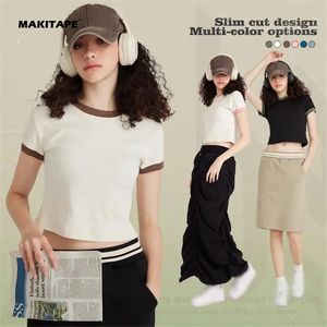 Camiseta de Verano N516 de Algodón para Mujer, Estilo Y2K, Top Corto, Alta Calidad, Transpirable, Sexy, Delgada, Lisa, Ajustada, con Agujeros, Botones y Decoraciones de Cuentas - Product Image 2