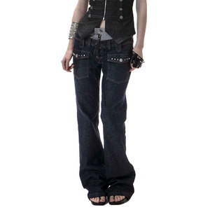 <span class=keywords><strong>Jeans</strong></span> Casual da Donna a Gamba Larga, Vestibilità Comoda, Vita Bassa, Cuciture Visibili, in Denim Spandex/Cotone Traspirante per Estate e Inverno - Product Image 2