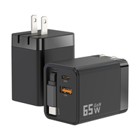 Pengisi Daya USB C 65W GaN dengan Kabel Retraktil, Adaptor Perjalanan, PD QC3.0, Tipe C USB-A, Dua Port USB, ODM