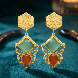 Pendientes Étnicos de Latón Chapado en Oro Hechos a Mano con Piedras Preciosas, Moda de Boda Unisex - Product Image 2