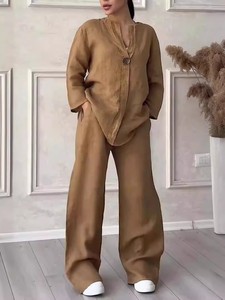 Manufaktur Custom Style oder Logo ODM Damen Massiv Leinen Baumwolle Plus Size 2 Stück Set Lässig Hohe Taille Lose Hosen und Top - Product Image 5